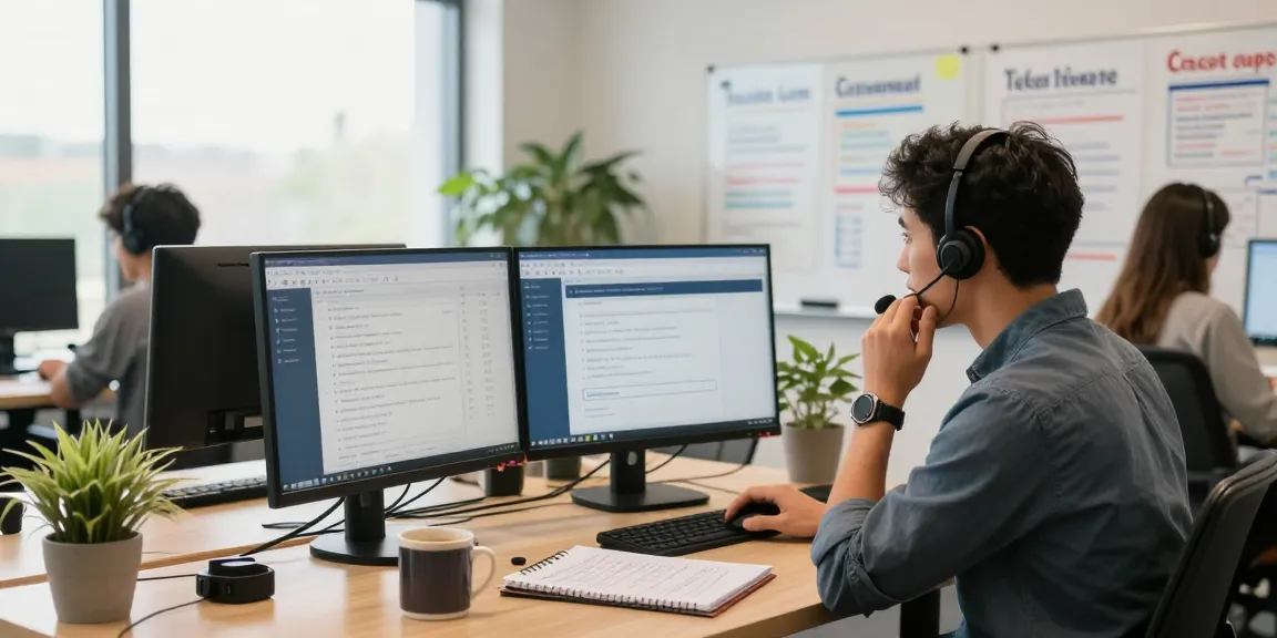 Customer support representative providing Telus-Technical-Support in a vibrant office setting, highlighting collaboration and efficiency.