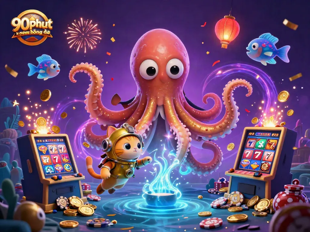 Experience thrilling moments with 90phut xem bóng đá as the kraken, diving cat, and deep-sea fish celebrate gambling wins in vibrant underwater scenery.