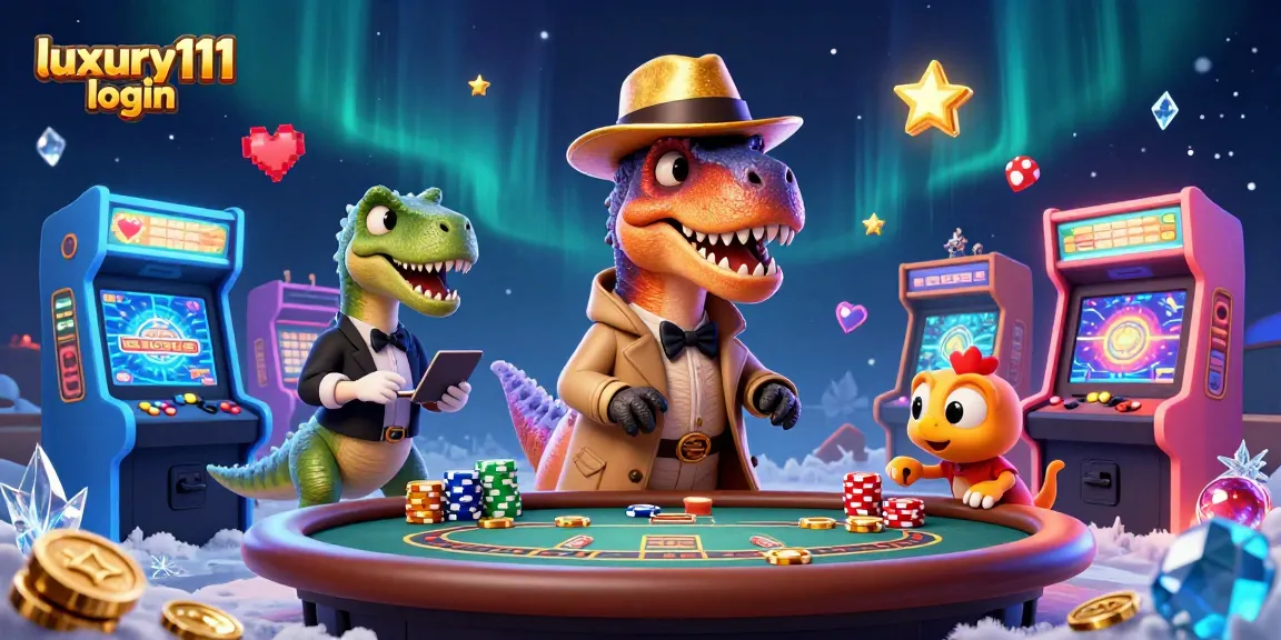 Engage with luxury111 login at a lively casino scene featuring a clever velociraptor and vibrant game elements.