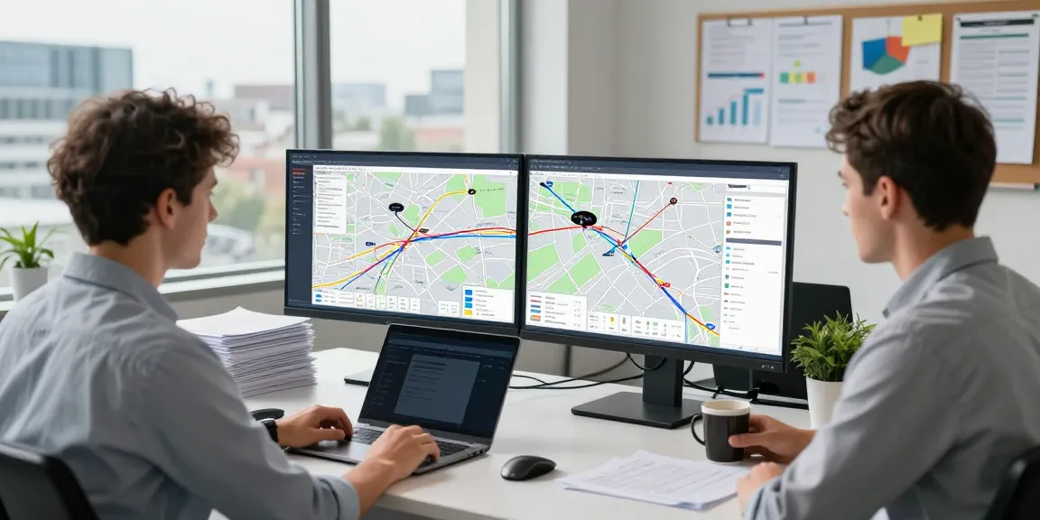 Effizienter Komplettladung Transport von Dortmund im modernen Logistikbüro mit Digitalmap und Transportdokumenten.