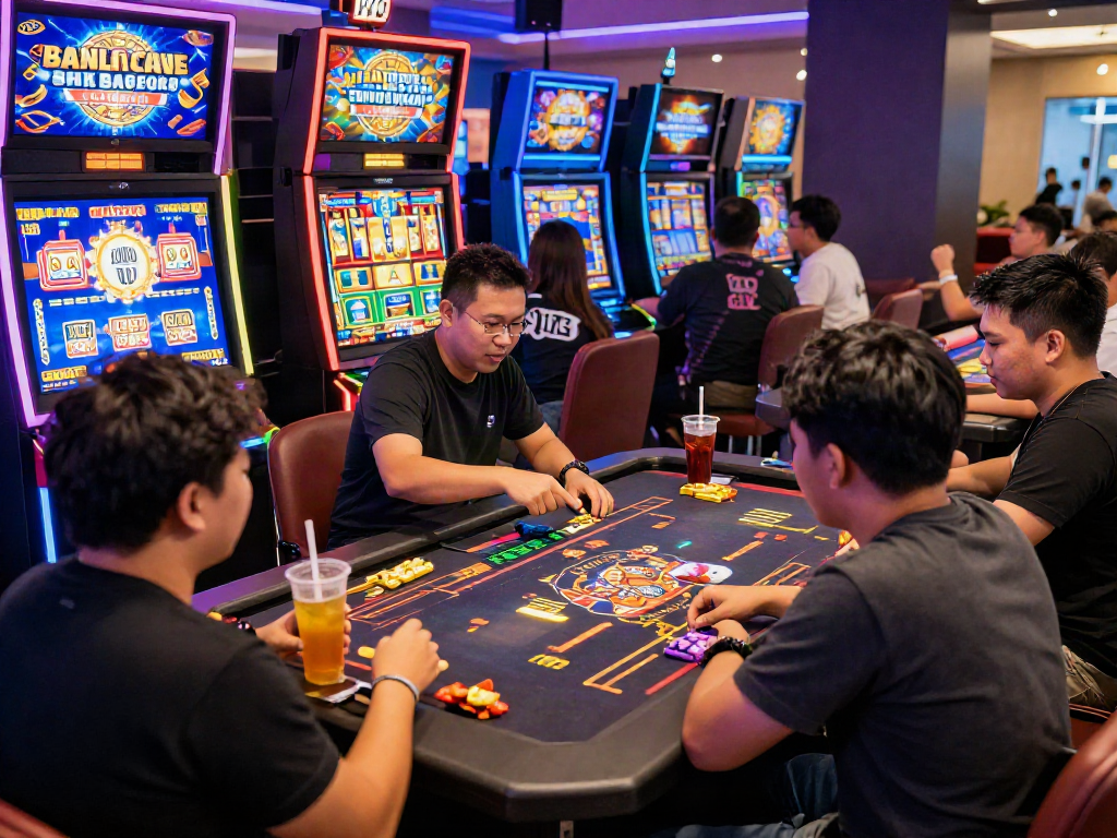 Group enjoying bandar slot gacor in a vibrant casino setting with colorful slot machines.