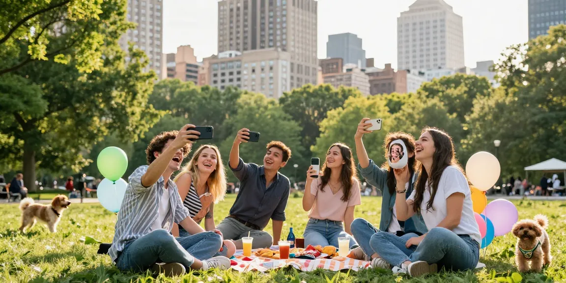 Friends comparing their celebrity look alike selfies in a vibrant park.