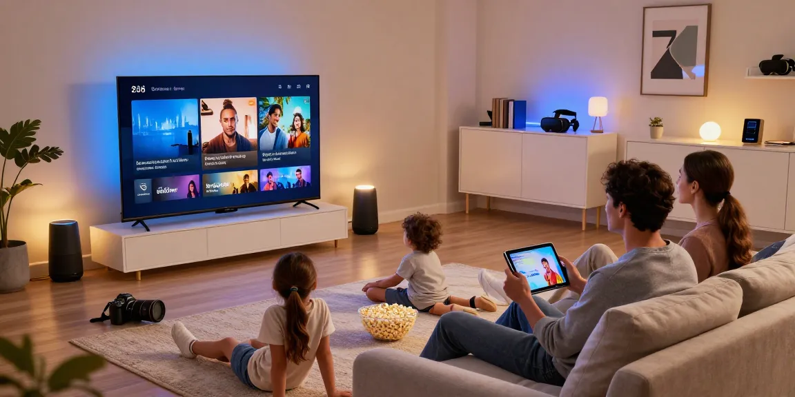 Family enjoying smart TV 2026 entertainment night at home with modern decor.