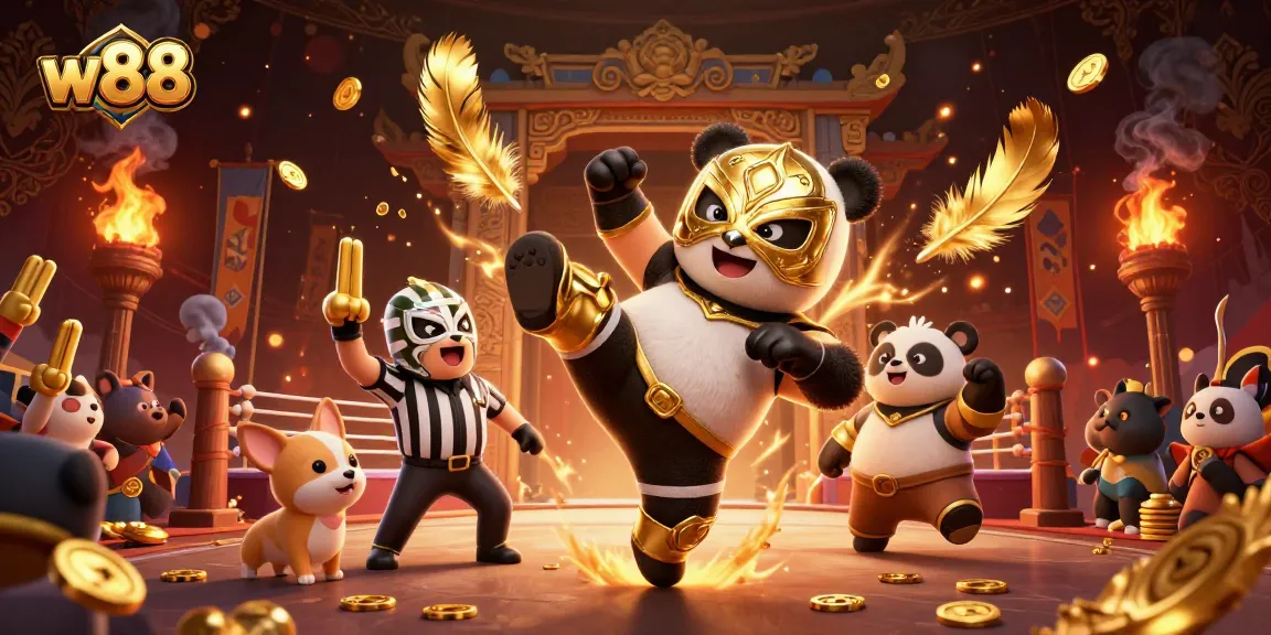 Cá cược hấp dẫn tại w88 với chú panda võ sĩ và khán giả vui mừng gặp gỡ.