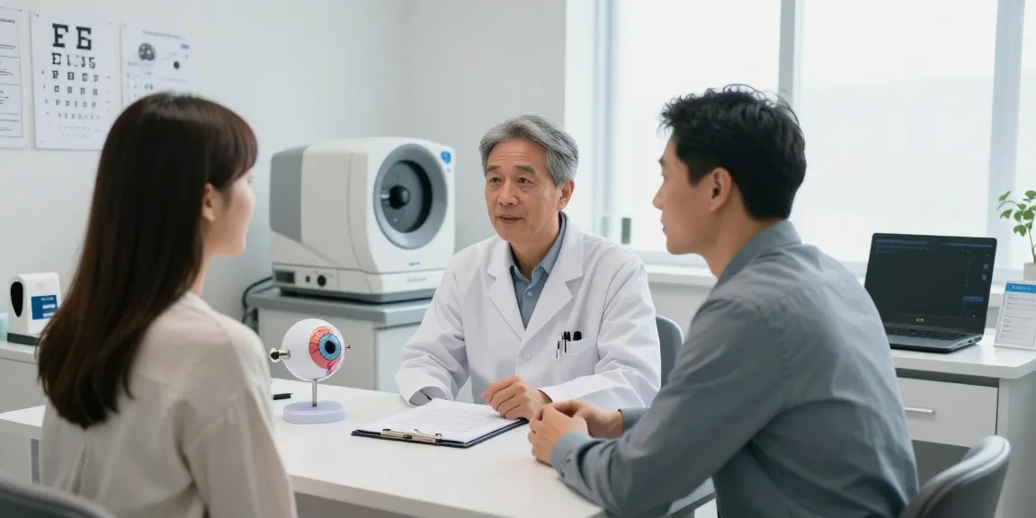 Patient consultation discussing ct lasik eye surgery options in a modern eye clinic setting.