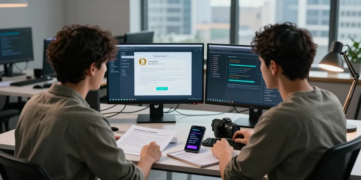 Engaging workspace scene showing a person recovering lost crypto assets with multiple screens and recovery notes.