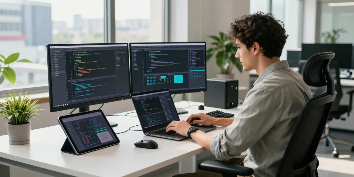 Software developer coding on multiple screens in a high-tech workspace featuring NAGA2000 technology, showcasing productivity and innovation.