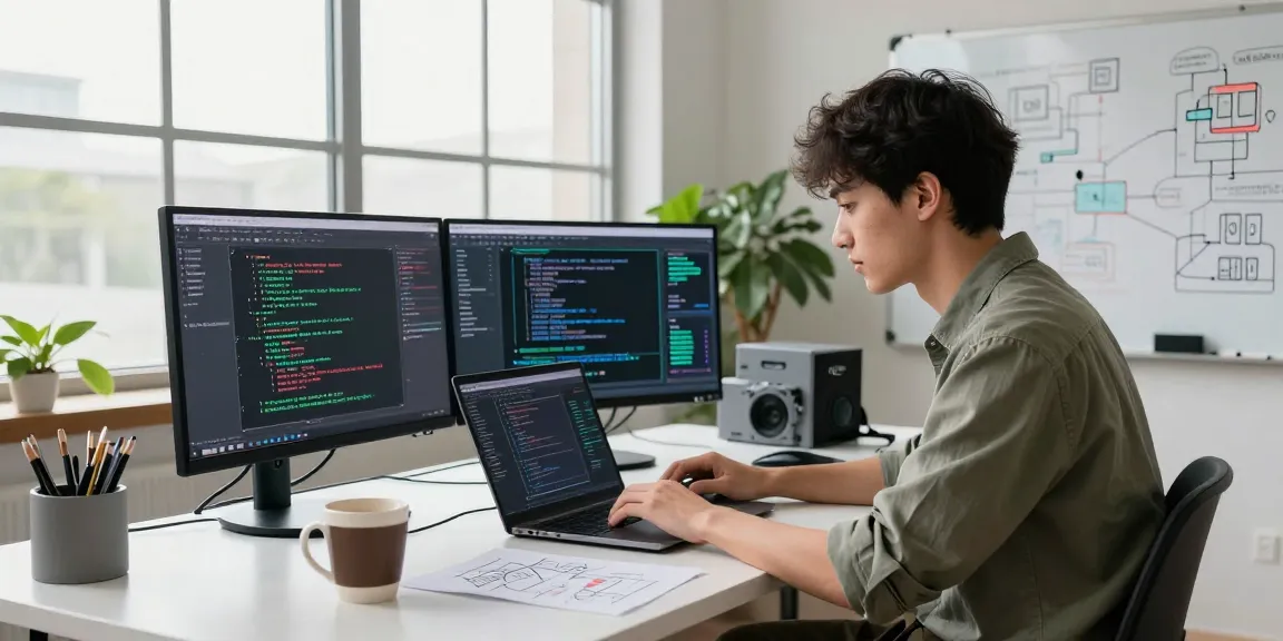 Developer coding AI algorithms in a bright workspace, showcasing the emerging trends in ai gf technology.