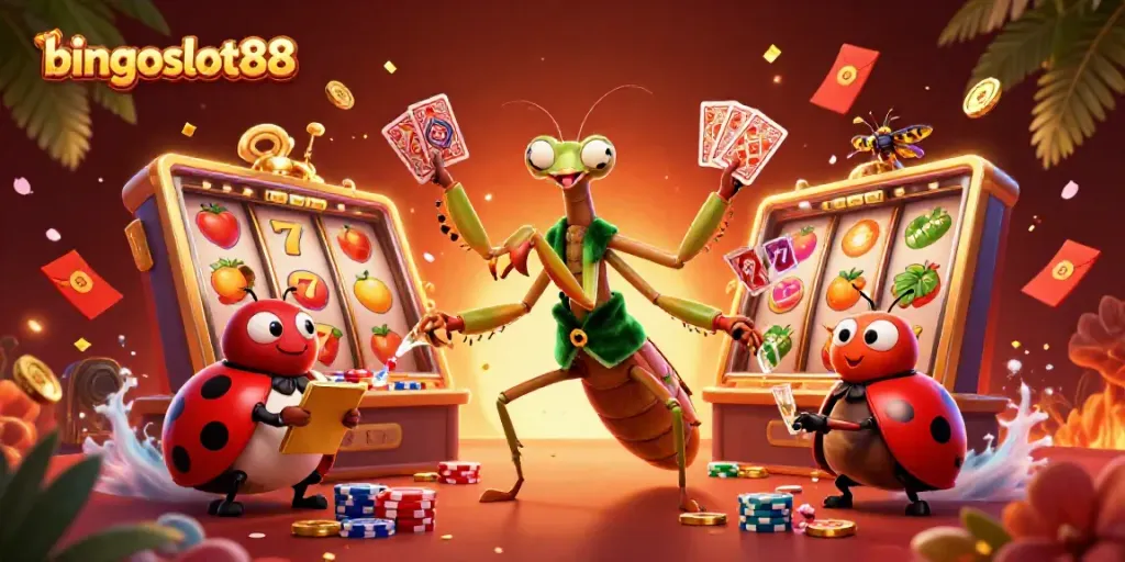Permainan bingoslot88 dengan kartu, slot, dan dekorasi meriah di kasino virtual.