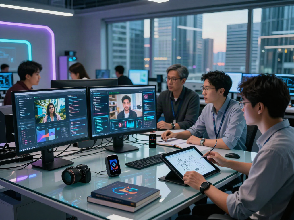 AI-Generated Image Detection in a tech laboratory with data scientists analyzing screens.