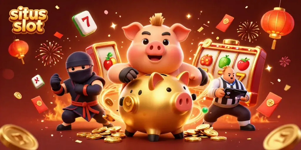 Engage in exciting situs slot gameplay featuring a golden piggy bank sumo wrestler, wallet-ninja, and credit-card samurai.