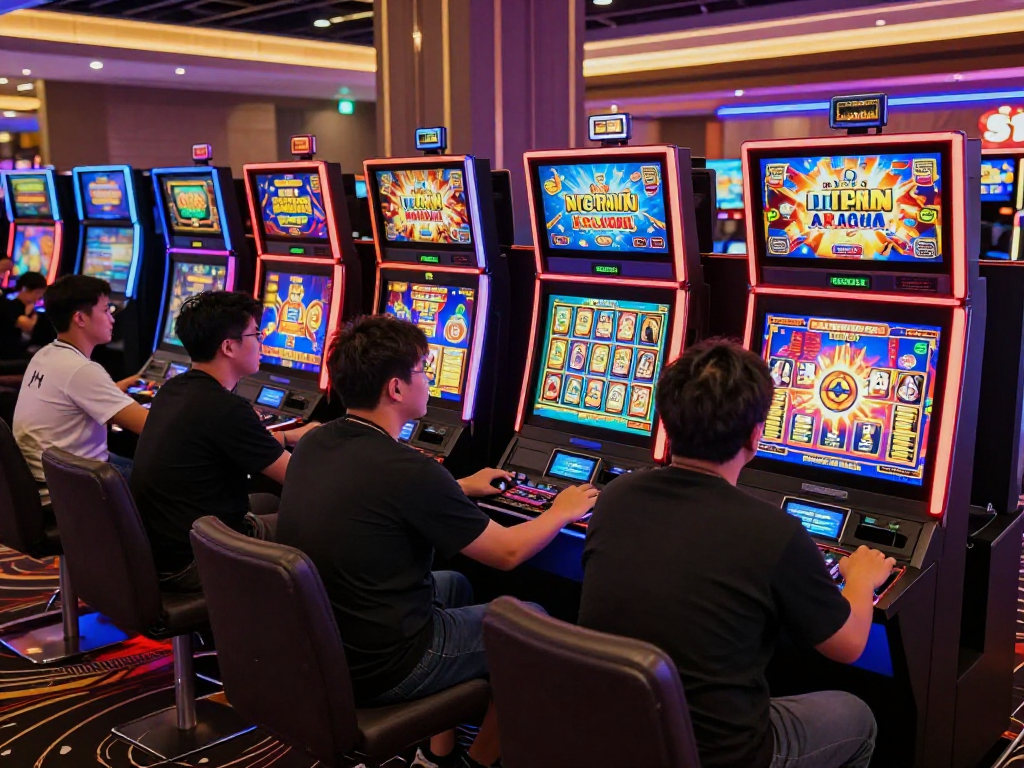 Diverse players enjoying a thrilling bandar slot gacor tournament in a vibrant casino setting, illuminated by colorful slot machines and neon lights.