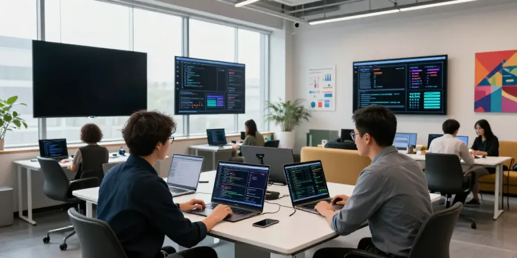 Generate comparison articles with AI in a modern collaborative workspace showcasing tech professionals engaged in development discussions.