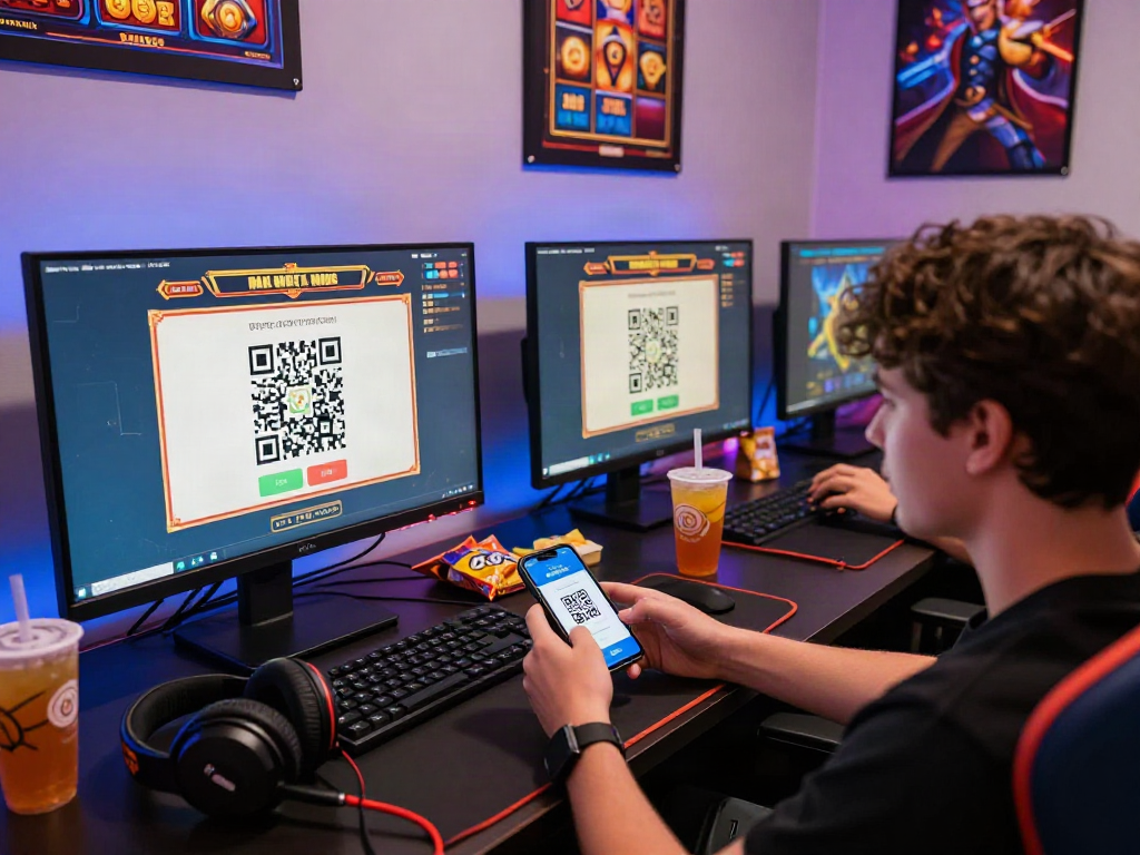 Player using slot deposit qris on smartphone in vibrant gaming setup