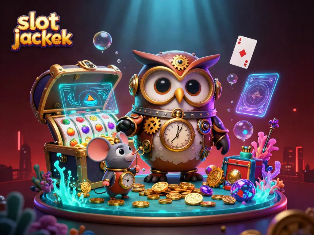 Experience the thrill of slot jackpot with this vibrant 3D casino illustration featuring a time-traveling owl.