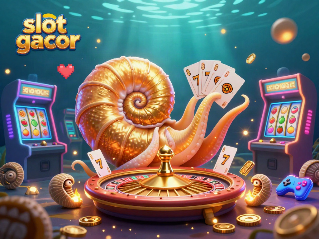 Experience the excitement of slot gacor with a dynamic 3D illustration of a nautilus roulette wheel amidst vivid casino elements.