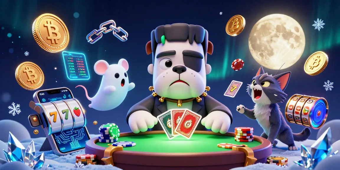 Permainan slot dengan bulldog Frankenstein yang menangani kartu dan hantu tikus mengapung di antara chip.
