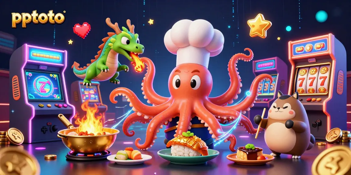 Pptoto showcases a vibrant 3D scene of an octopus chef and friends enjoying casino-themed fun with dynamic gaming elements.