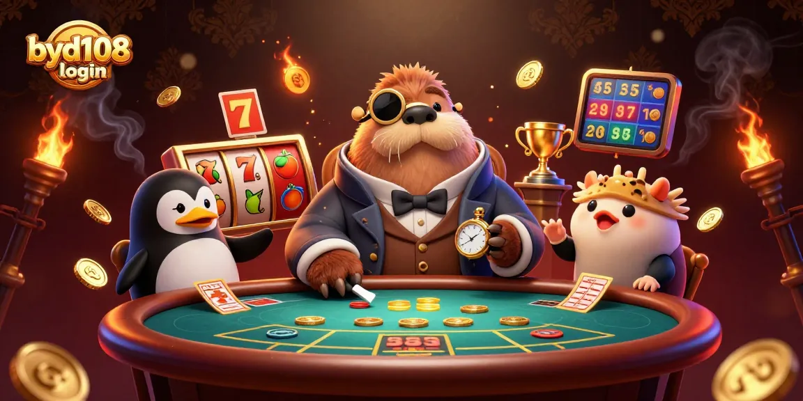 Visualisasi permainan byd108 login dengan walrus dan dealer di meja poker yang penuh energi.