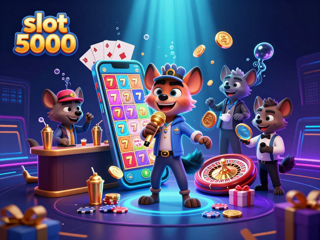Experience thrilling wins with slot 5000 in a vibrant casino scene featuring animated hyenas.