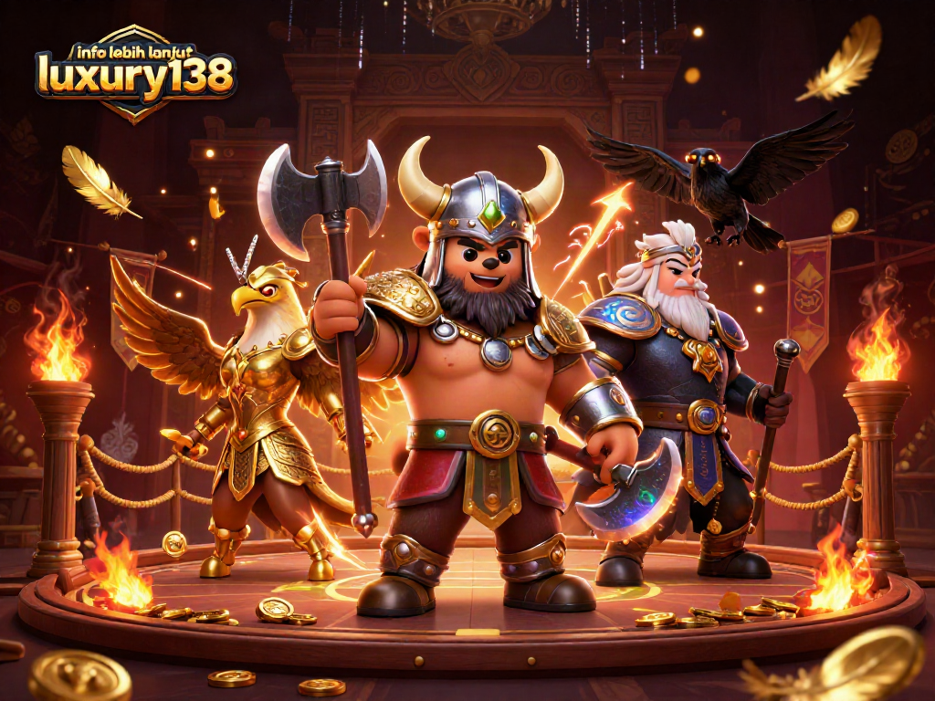 Info lebih lanjut luxury138 dalam ilustrasi kasino 3D dengan karakter Viking dan elemen permainan menarik.