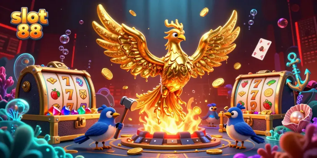 Experience thrilling chances with slot 88, featuring vibrant slot reels and mesmerizing golden phoenix.