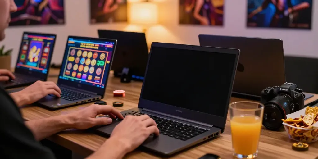 Pemain slot online aktif dengan laptop, suasana gaming yang menarik dan santai.
