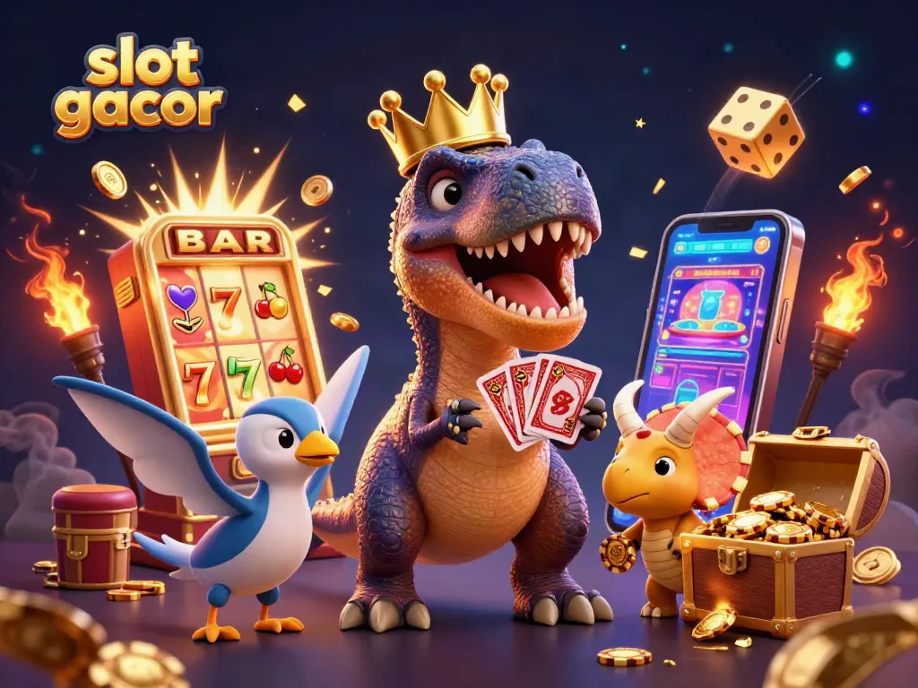 Slot gacor dengan dinosaurus lucu bermain kartu dan menumpuk chip emas di kasino.