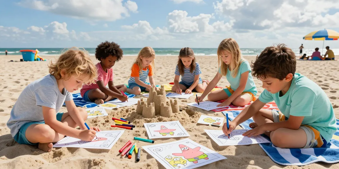 Children enjoying Seasonal coloring pages featuring Patrick Star at the beach with crayons and markers.