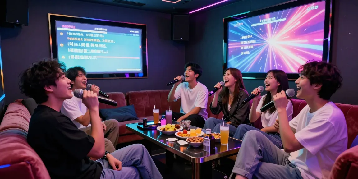 Friends enjoying 강남노래방 karaoke night with colorful lights and lively atmosphere.