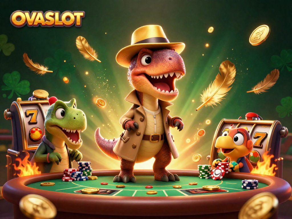OVASLOT features a velociraptor card counter in a vibrant online slot environment, showcasing thrilling gameplay.