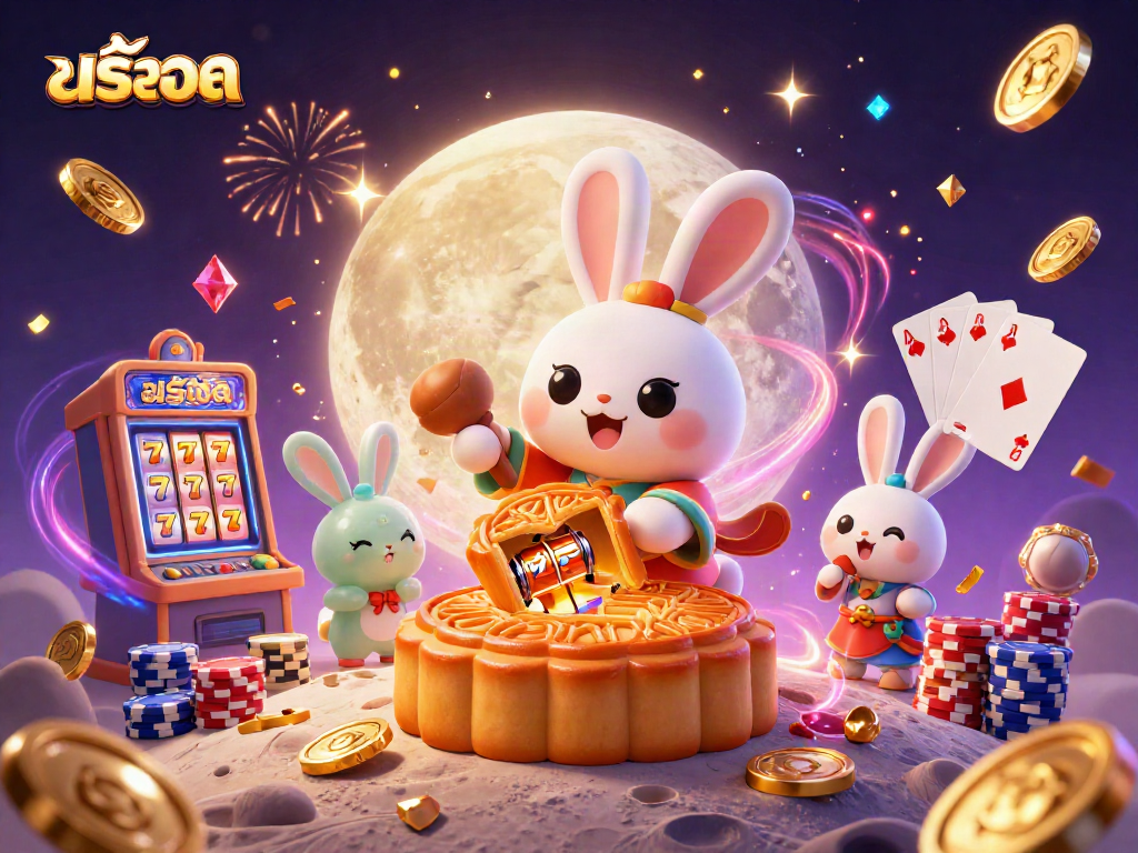 Win big with สล็อต featuring a moon rabbit and dynamic casino elements in a vibrant 3D illustration.