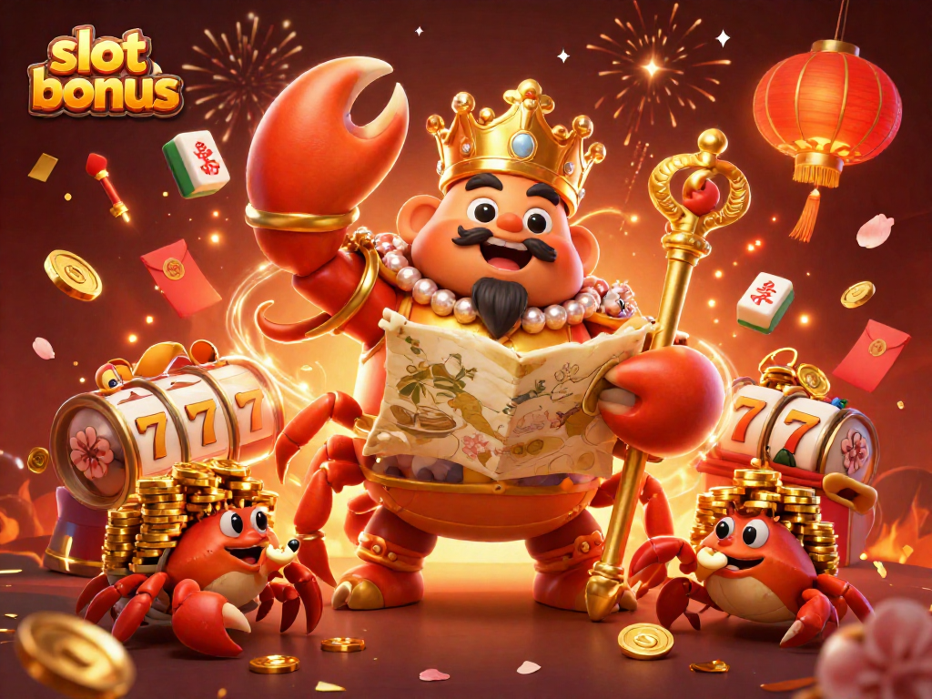 Enjoy a thrilling slot bonus experience with a golden crab emperor amidst vibrant casino elements.
