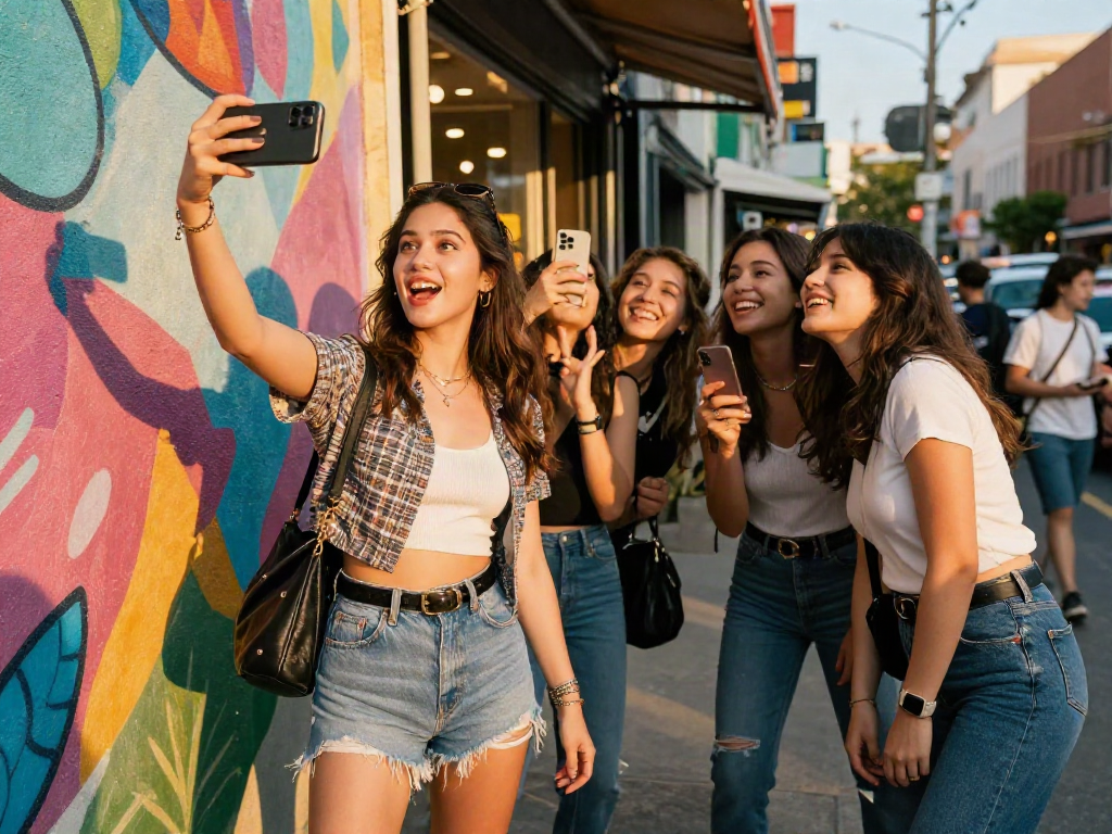Young woman looks like a celebrity while taking a selfie in an urban setting