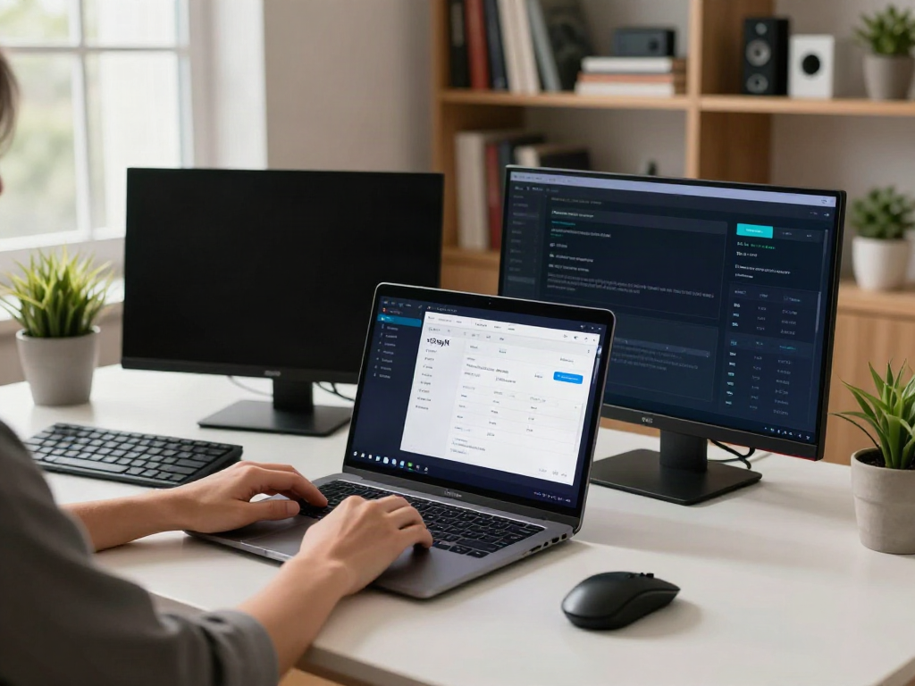 v2rayN software interface displayed on laptop in a modern home office setting.