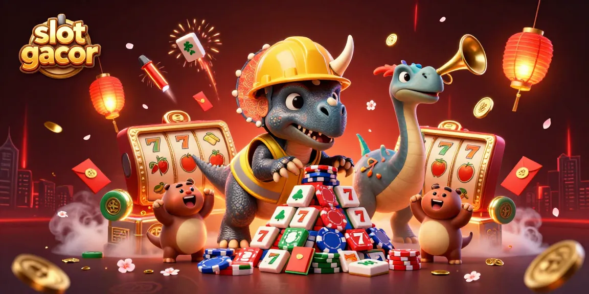 Slot gacor scene with fun characters building poker chips, celebrating wins surrounded by casino elements.