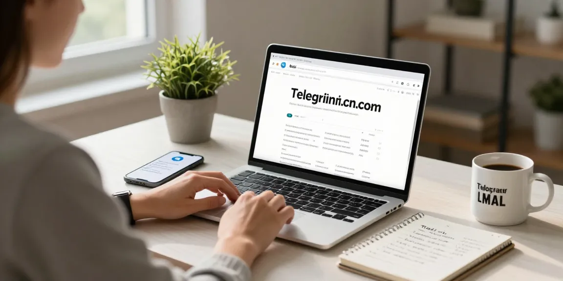 Home office scene with user engaging with telegramin-cn.com on laptop and smartphone.