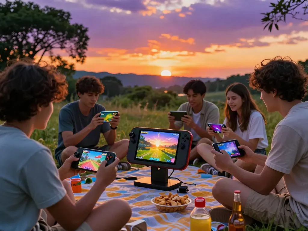 Friends enjoying outdoor gaming session on rokok88 platform at sunset, vibrant atmosphere, joyful interaction.