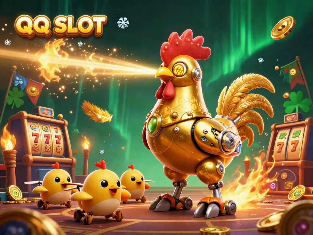 Experience QQ SLOT with thrilling laser-engraved adventures and baby chick drones in a lively casino scene.