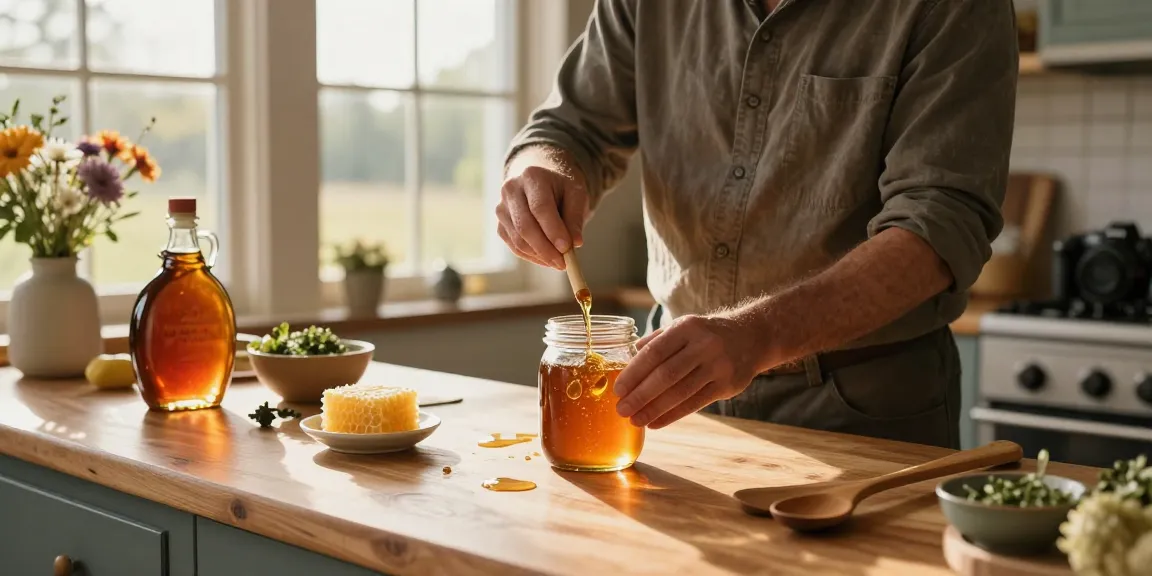Artisan blending Maplelixir, pure maple syrup, and honey in a rustic kitchen.