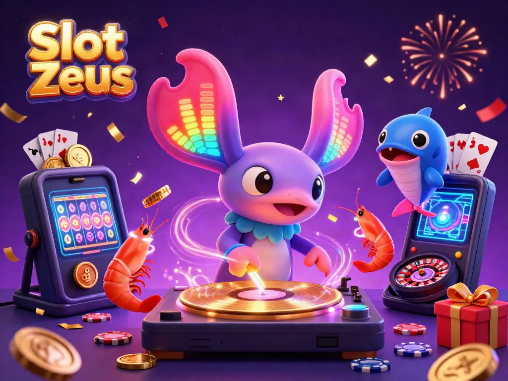 Experience the excitement of Slot Zeus with a vibrant scene featuring an axolotl DJ and lively casino elements.