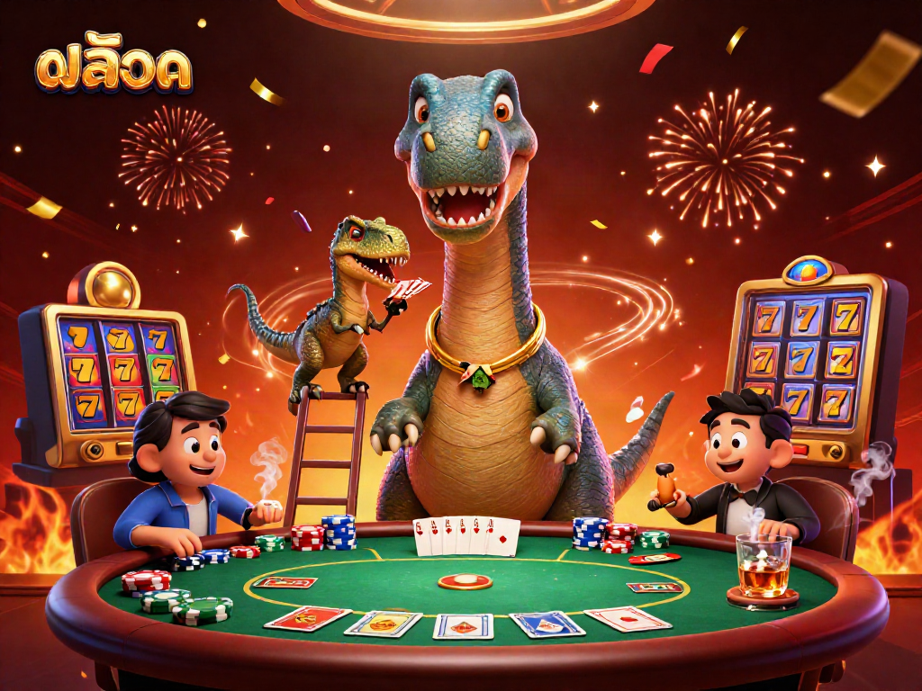 Engage in excitement at the casino with a playful brontosaurus and raptor while exploring สล็อต games.