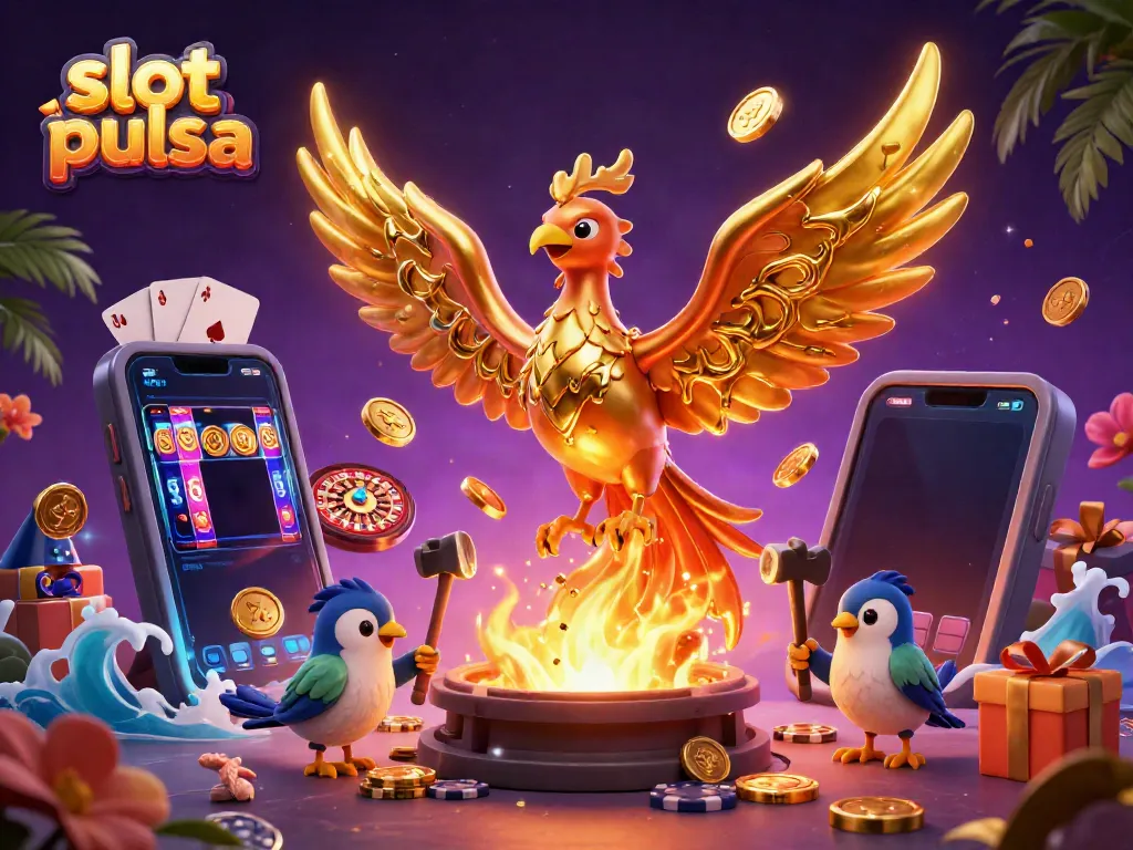 Permainan slot pulsa memukau dengan phoenix emas dan smartphone 3D yang menampilkan slot game menarik.