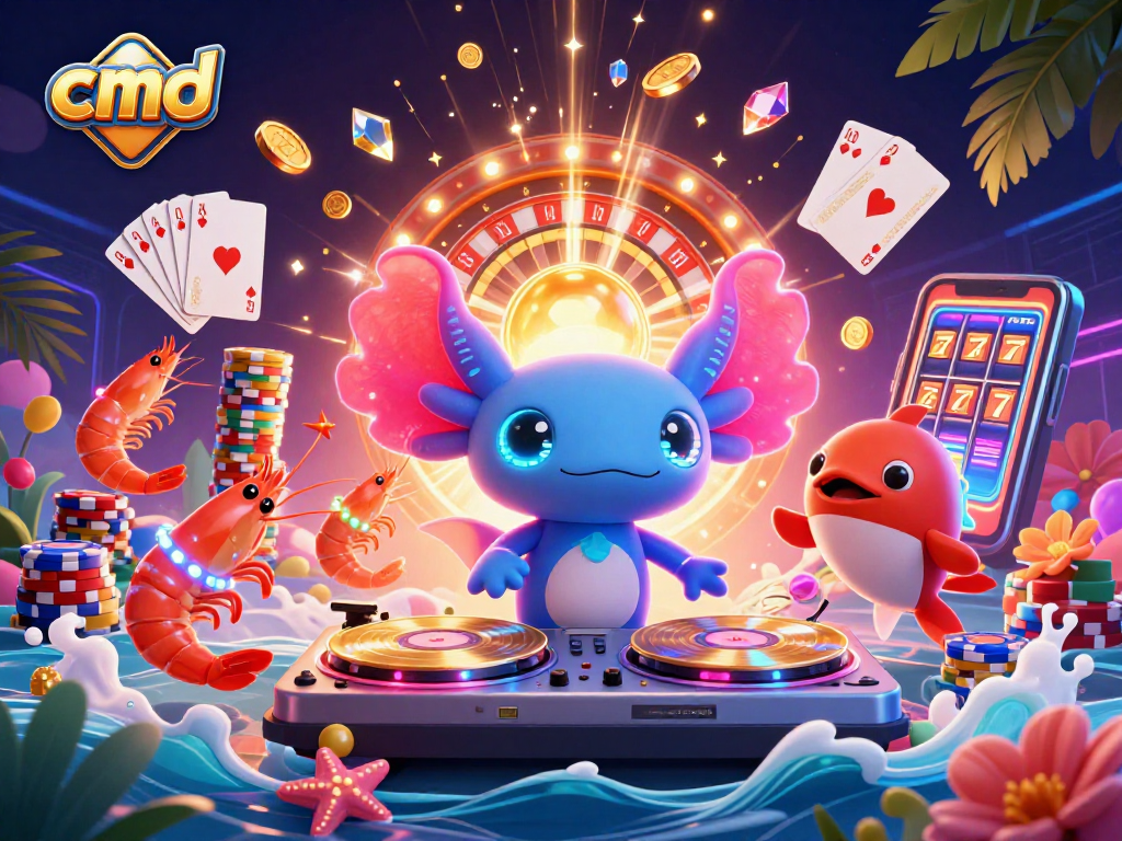 cmd engaging in a vibrant casino party with an axolotl DJ and festive underwater elements