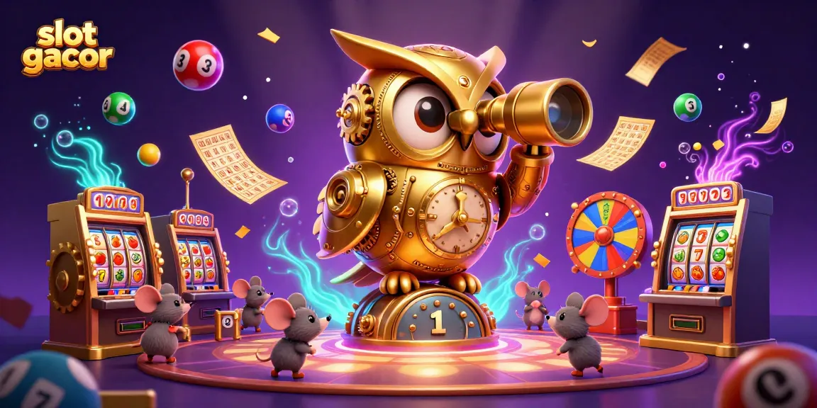 Experience slot gacor excitement with a golden owl overseeing a lively casino filled with spinning reels and vibrant games.