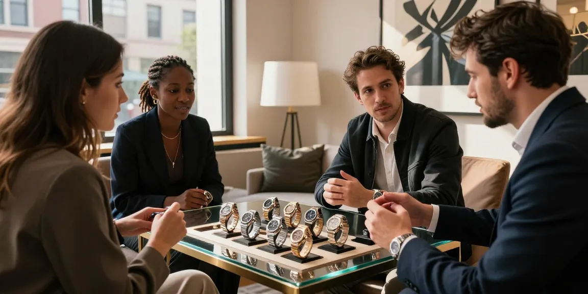 Explore luxury replica watches in elegant setting with friends discussing features and styles.