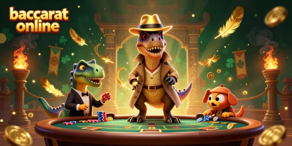 Engage with the thrilling baccarat online scene featuring a velociraptor and a stegosaurus amidst sparkling gold and game elements.