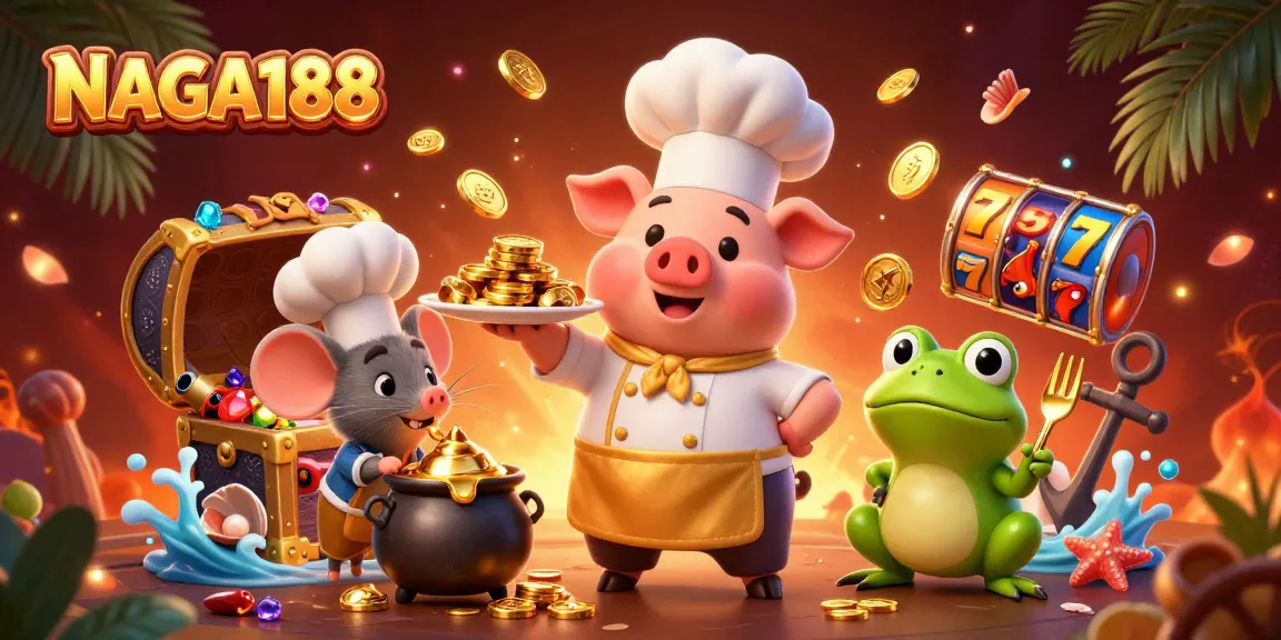 NAGA188 menampilkan ilustrasi kasino dengan karakter memasak dan harta karun, kasino online penuh warna