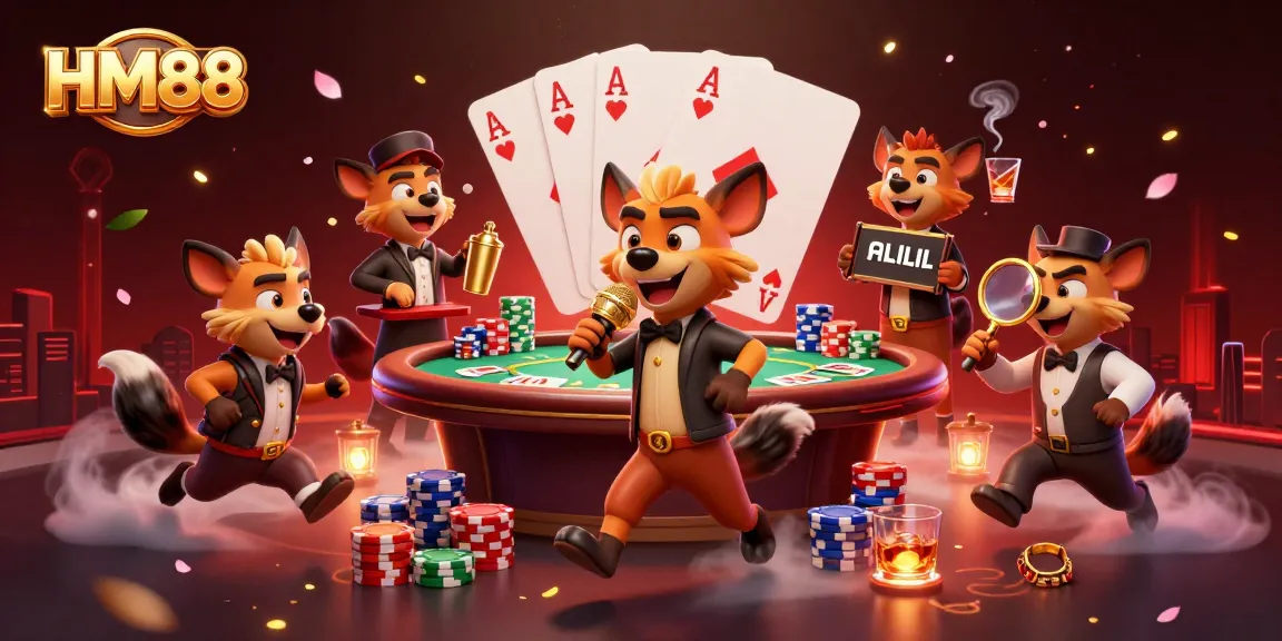 Engage in thrilling casino games at HM88, featuring lively hyenas in a vibrant comedy casino club scene.