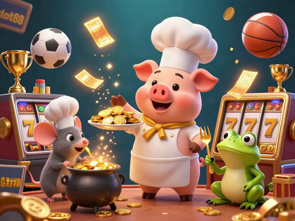 Engage with slot88 as a chef pig serves gold coins in a vibrant casino filled with exciting elements.